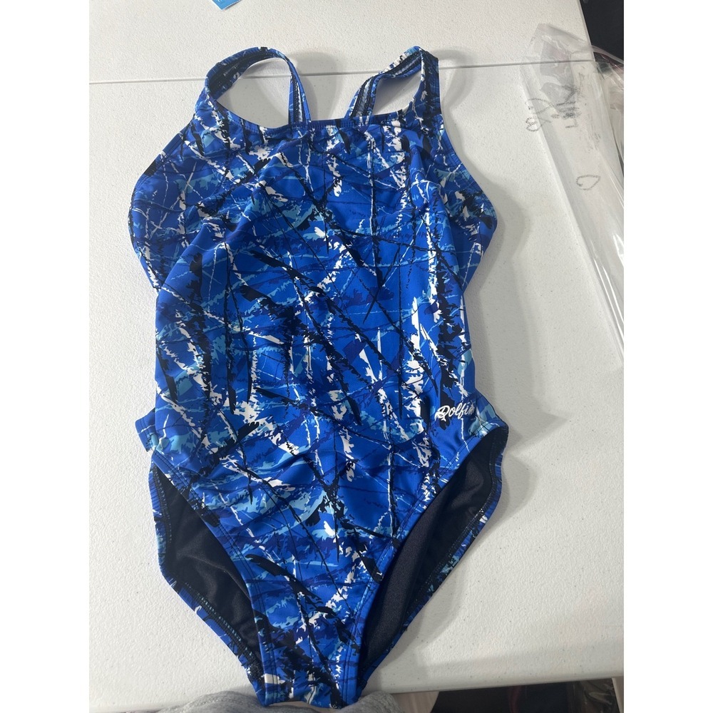 Dolfin Women Blue Abstract Splash V-Back One Piece Competition Swimsuit Size 40